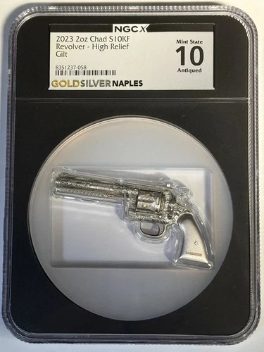2 Oz Silver Coin 2023 Chad Revolver NGC MS 70 Antiqued High Relief NGCX 10
