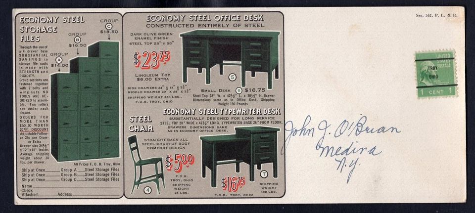 USA Troy Ohio 1940s Precancel 1c Prexie on Advertising Flyer to Medina NY - Image 2 of 3