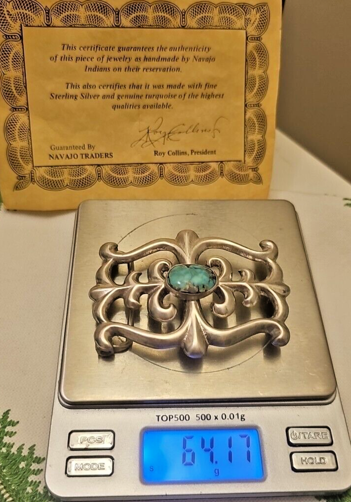 Vintage Navajo Native American Sand Cast Sterling Silver Turquoise Belt Buckle