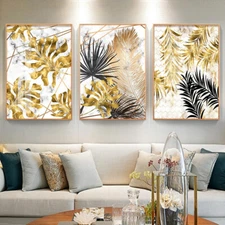 Set of 3 Golden Leaves Abstract Canvas Print 40x50cm 16x20inch UNFRAMED