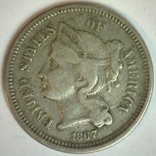 1867 Nickel Three Cents Coin Circulated Fine 3c US Type Copper Nickel Coin 3CN