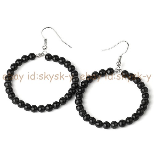 Handmade 4mm Natural Round Gemstone Beaded Ring Dangle Silver Hook Earrings - Picture 19 of 34