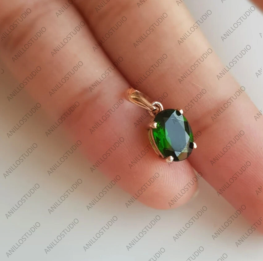 Натуральный хром диопсид драгоценный камень подвеска, кулон зеленый 14k желтое золото - Изображение 2 из 4