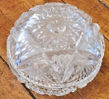 Vintage Cut Crystal Jewelry Trinket Dish w Lid Starburst Pattern 4" Diameter