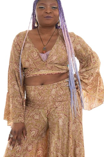 Boho Silk Satin Angel Sleeve Wrap Top, Hippy Festival Clothing, Flare Sleeve Top - Picture 15 of 22
