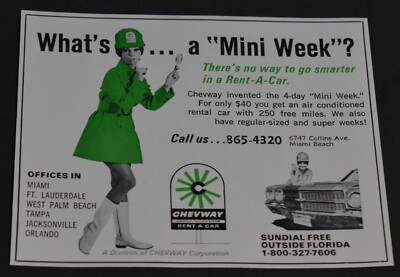 1970 Print Ad Miami Florida Chevway Rent-a-Car 6747 Collins Ave Beach Mini-week