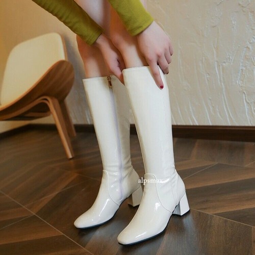Botas altas de cuero patentado brillante hasta la rodilla para mujer con bloque tacones medios con cremallera para fiesta - Imagen 4 de 14