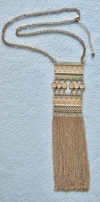 Gold Tone Necklace w/Hanging Round Discs & Chains; 19'' with 8'' Pendant; Lobster