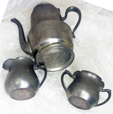 Antique Crescent Pewter 3 Piece Coffee Tea Service #1629 Scalloped