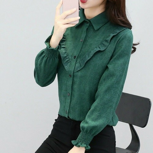 Ladies Corduroy Shirt Vintage Ruffles 