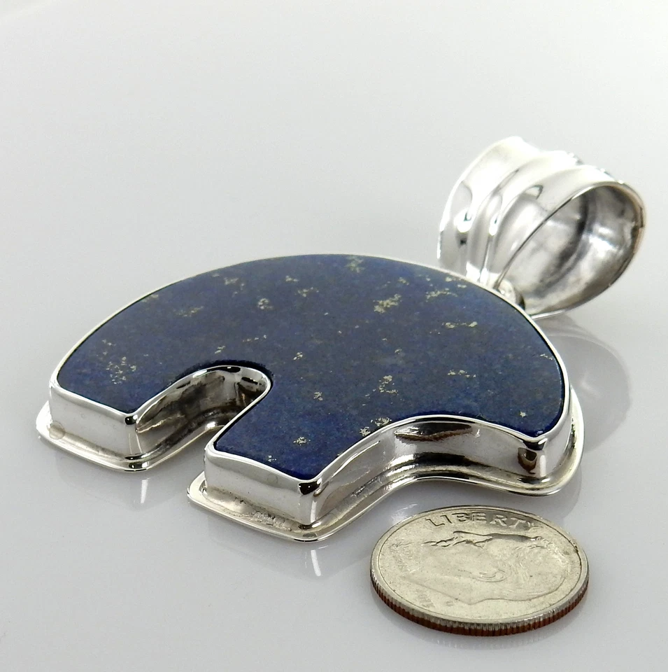 Large Handmade Unique Blue Lapis Lazuli Sterling Silver Bear Drop Pendant - Image 3 of 4