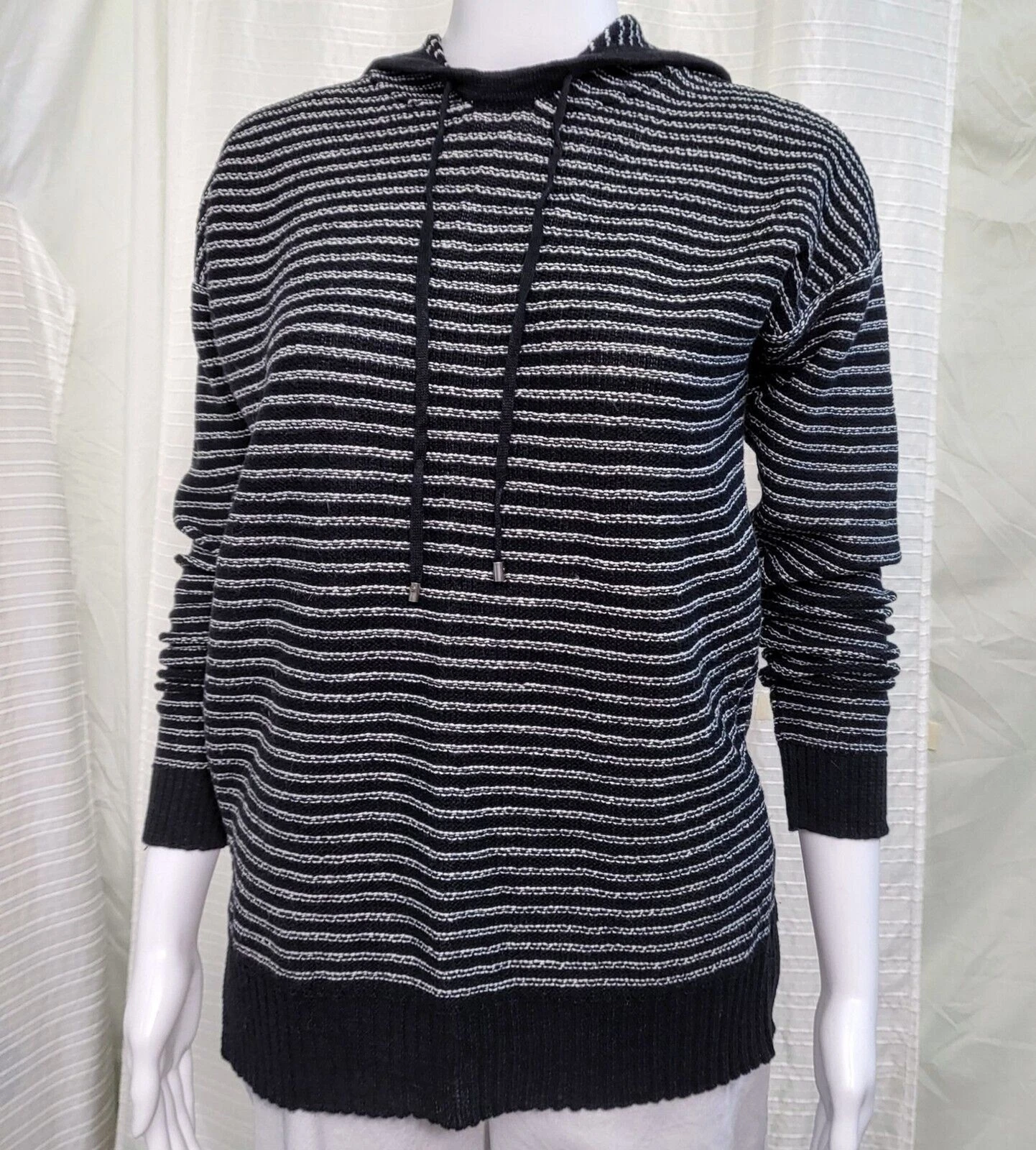 RALPH LAUREN Linen Hoodie Sweater Lightweight Black White Stripe Size S