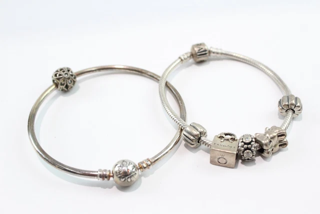 06 Pandora Sterling Silver Bracelet Bangle Bow Stone Set Charms x 2 (39g)