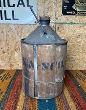Early Primitive Wood Wrapped Tin Kerosene Jug With Handle & Cork Patina