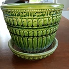 Vintage McCoy Pottery Planter + Attached Saucer Beaded Band Flower Pot USA 5.5"