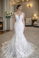 UK White/Ivory Beach Bridal Sleeveless Lace Mermaid Wedding Dresses Size 6-18