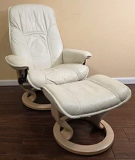 Ekornes Stressless Medium Ivory "Senator" Leather Recliner Chair & Ottoman