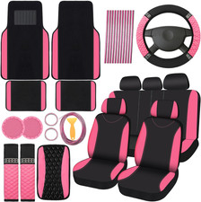 43pcs Bling Car Accessories Set Pink/Black Seat Covers Steering Cover Floor Mats
