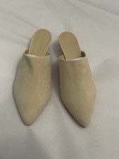 Jenni Kayne Kitten Heel Mules Beige Oiled Leather Size 37 Pointed Toe Slip On