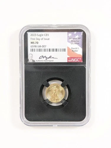2023 $5 American Gold Eagle 1/10th Oz NGC MS70 FDOI David J. Ryder Signature Lab