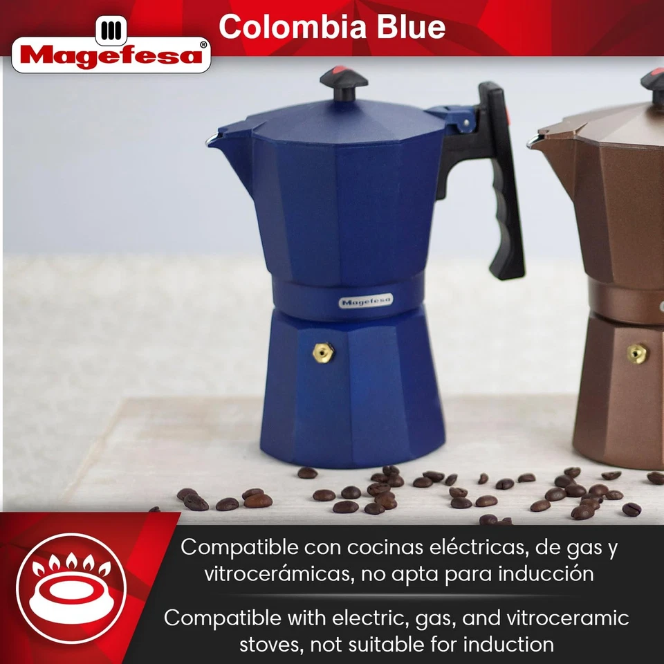 Olla moka espresso con estufa azul Colombia, 6 tazas/10 oz, cafetera italiana para... Foto 3 de 4