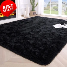 Fluffy Black Shag Rug 4x5.3 Ft – Soft Plush Non-Slip Carpet for Bedroom/Living