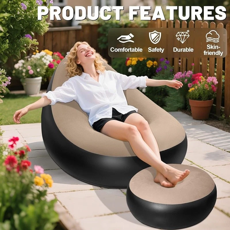 Sofá inflable sofá con otomana portátil ergonómico silla de aire exterior uso interior Foto 3 de 4