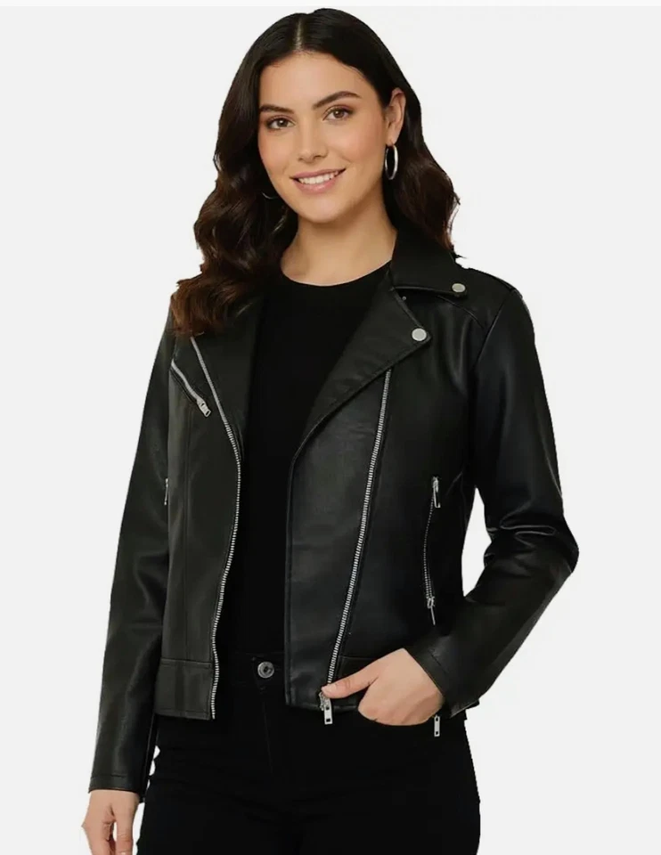 Damen Schwarz 100% Jacke Echtes Leder Elegant Slim Fit Motorrad Stil - Bild 1 von 4