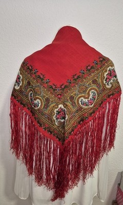 Vintage Pure Wool Folk Shawl Red Floral Paisley Fringe Scarf Boho Russian Style