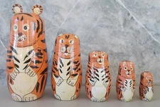 Set 5 Orange Striped Wood Tiger Nesting Dolls