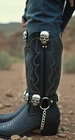 New Biker Men Western Boot Silver Metal Chain Black 2 Straps Rocker Skull Charms
