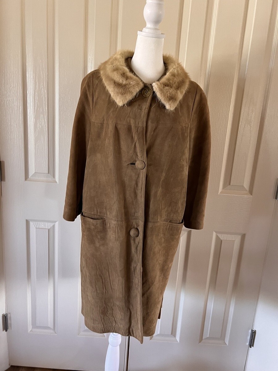 Vintage 50s 60s Womens S Long Suede Leather Jacket Mink Fur Collar