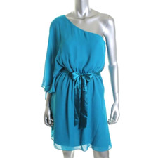 Laundry ~ Aqua Blue Chiffon Blouson One Shoulder Sashed Party Dress 4 NEW $138