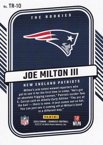 Panini Donruss 2024 - The Rookies Joe Milton #TR-10 (RC) - Patriots - Imagen 3 de 3