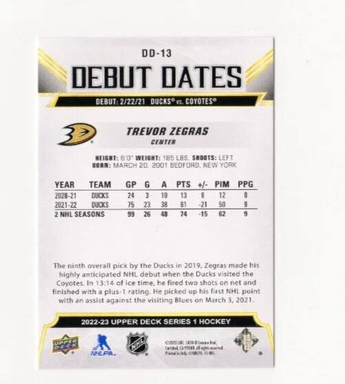 2022-23 Upper Deck Series 1 Trevor Zegras #DD-13 Debut Dates Anaheim Ducks - Image 2 of 2
