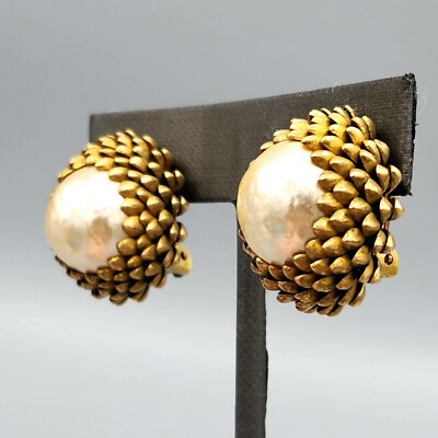 Miriam Haskell Signed Faux Baroque Pearl Acorn Gold Tone Button Clip Earrings