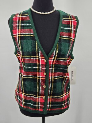NEW Karen Scott sz SM Sweater Vest Cardigan Wool Blend GREEN PLAID NOS 
