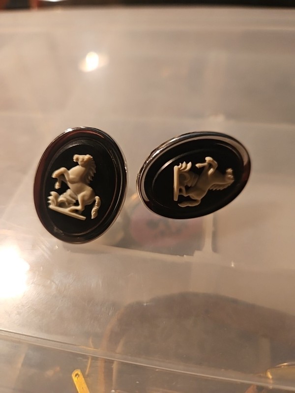 Vintage Swank Silver tone Cufflinks  black Cameo Horse Stallion