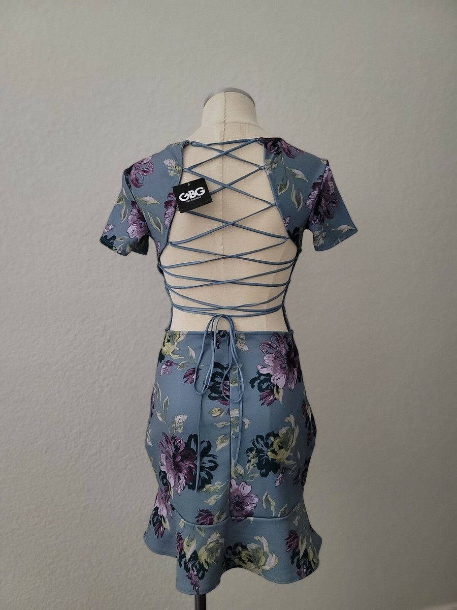 G By GUESS Beyonca Blue Floral Open Back Lace Up Mini Dress Size Small NWT