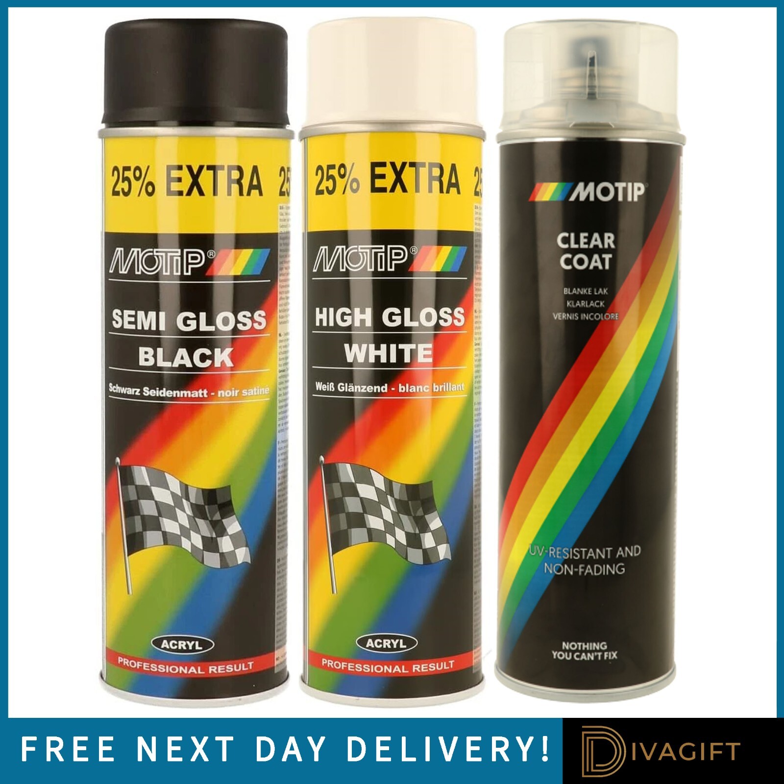 MOTIP VERNICE SPRAY ALTA SEMI LUCIDA 500ML ASCIUGATURA RAPIDA VERNICE TRASPARENTE NERO BIANCO NUOVO