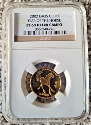 2002 Laos Gold Year of the Horse NGC PF 68 Ultra Cameo 50000 Kip G50KK Rare
