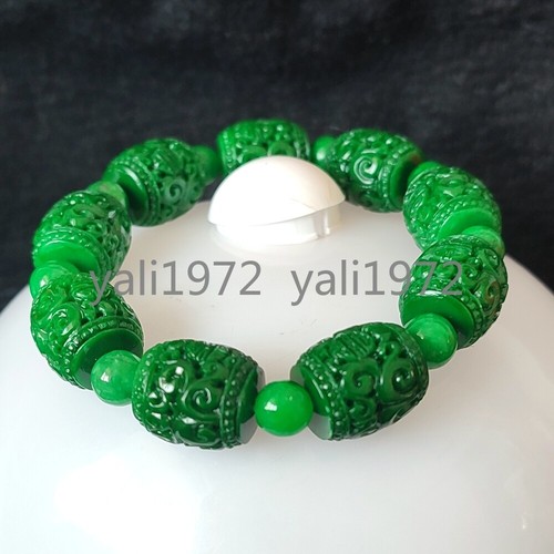 16 mm Grün Natürlich Burma A Jade Jadeit Geschnitzt Kreis 路路通 Perlen Armband 7,5 Zoll - Bild 2 von 11
