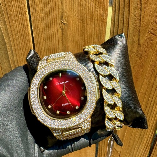 HIP HOP ICED LUXURY SIMULATED DIAMOND BLING OUT WRIST FASHION WATCH BRACELET SET - Picture 2 of 9