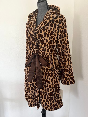 Capelli New York Soft Plush Hooded Short Robe Satin Belt Brown Leopard Print S - Picture 6 of 24