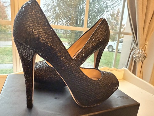 Badgley Mischka Humbie Glitter Black Open Toe Pump Heels Bridal Wedding Size 8.5 - Picture 3 of 9