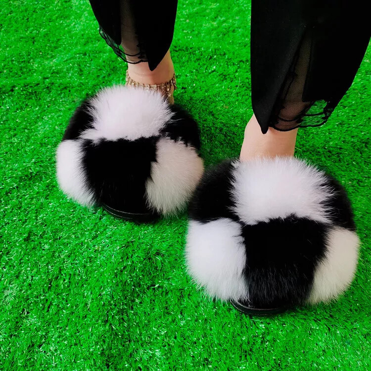 SAOLA Ciabatte ciabatte donna bianche nere vera pelliccia di volpe sandali scarpe spiaggia ciabatte