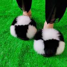 White Black Women's Slides Real Fox Fur Slippers Sandals Beach Shoes Sliders