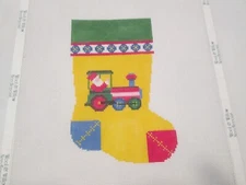SANTA ON TRAIN MINI STOCKING-SUSAN ROBERTS-HANDPAINTED NEEDLEPOINT CANVAS