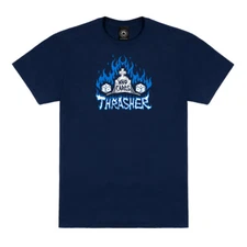 Thrasher Magazine WHO CARES Skateboard T Shirt NAVY w/Art By Neckface