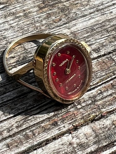 Anello orologio vintage epoca sovietica - marca Chaika - placcato oro - quadrante rosso anni 70 - Foto 12 di 17
